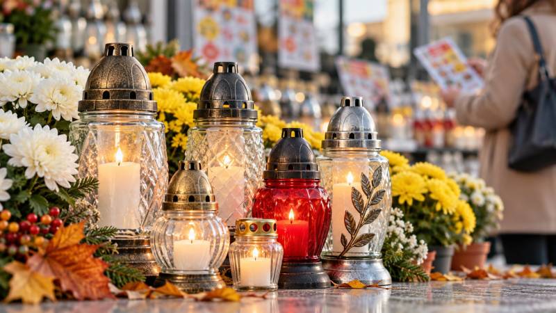 Różne rodzaje zniczy szklanych wśród jesiennych chryzantem – porównanie cen zniczy przed Wszystkimi Świętymi 2026.